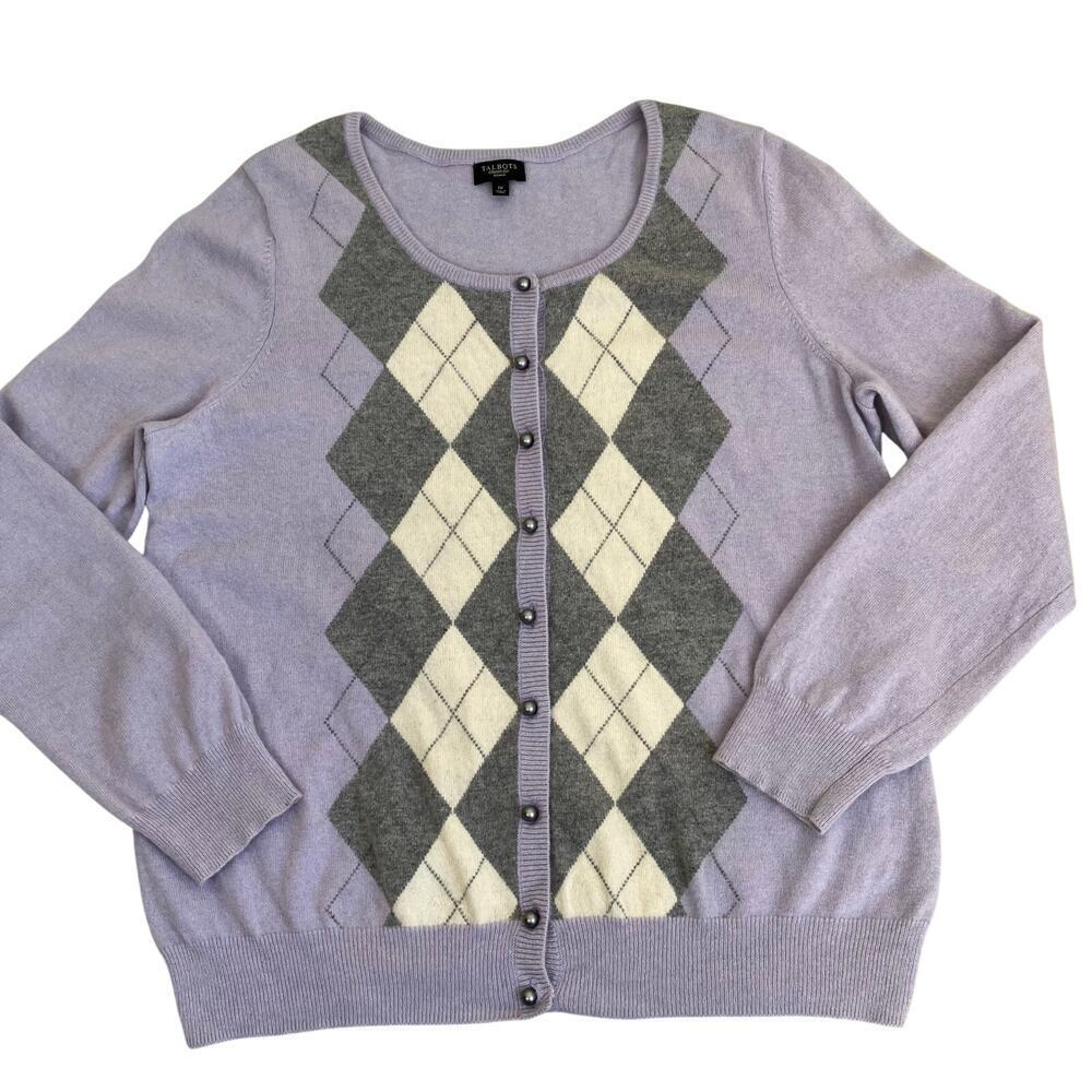 Talbots 1X Wool-Angora Blend Argyle Cardigan w Pearl Buttons Lavender Purple